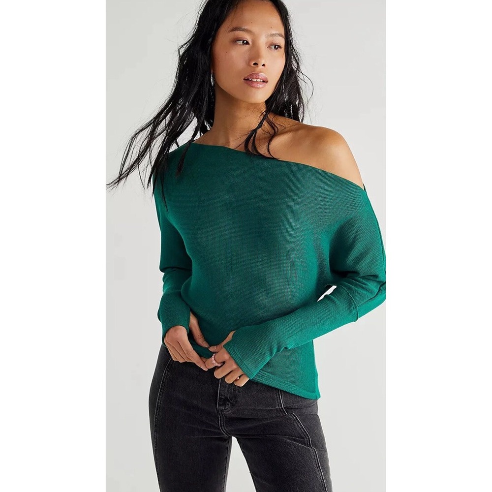 Free people Teal Waffle Knit Dolman Cowl Neck Top Small y2k minimal thermal 2000